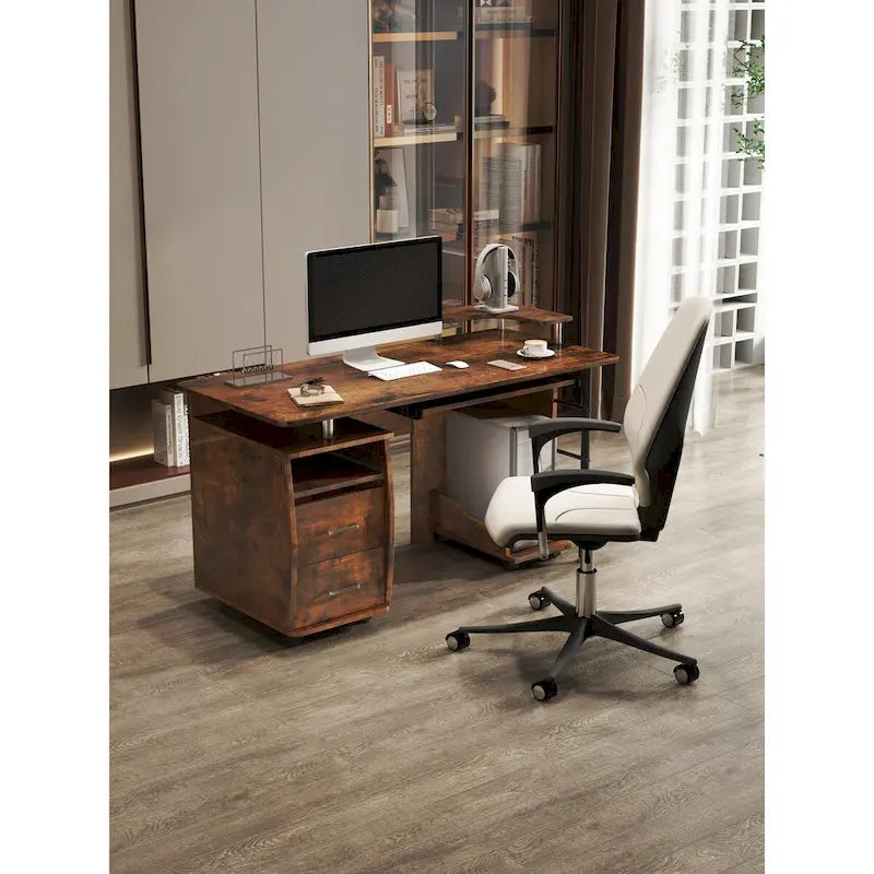 Bureau d'ordinateur en bois massif, table de bureau avec roulette pour PC, étagères de rangement et classeur, deux tiroirs, support pour unité centrale, une étagère.