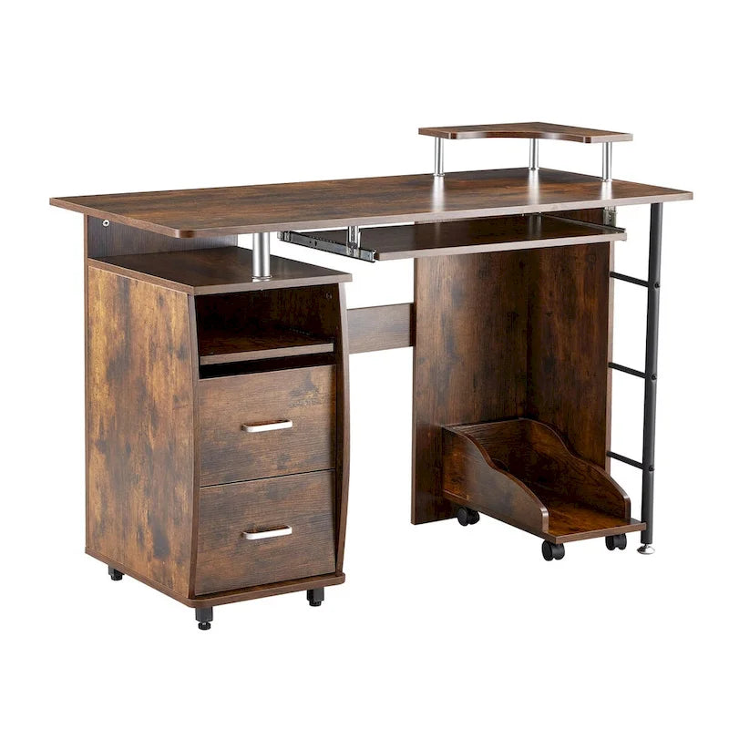 Bureau d'ordinateur en bois massif, table de bureau avec roulette pour PC, étagères de rangement et classeur, deux tiroirs, support pour unité centrale, une étagère.