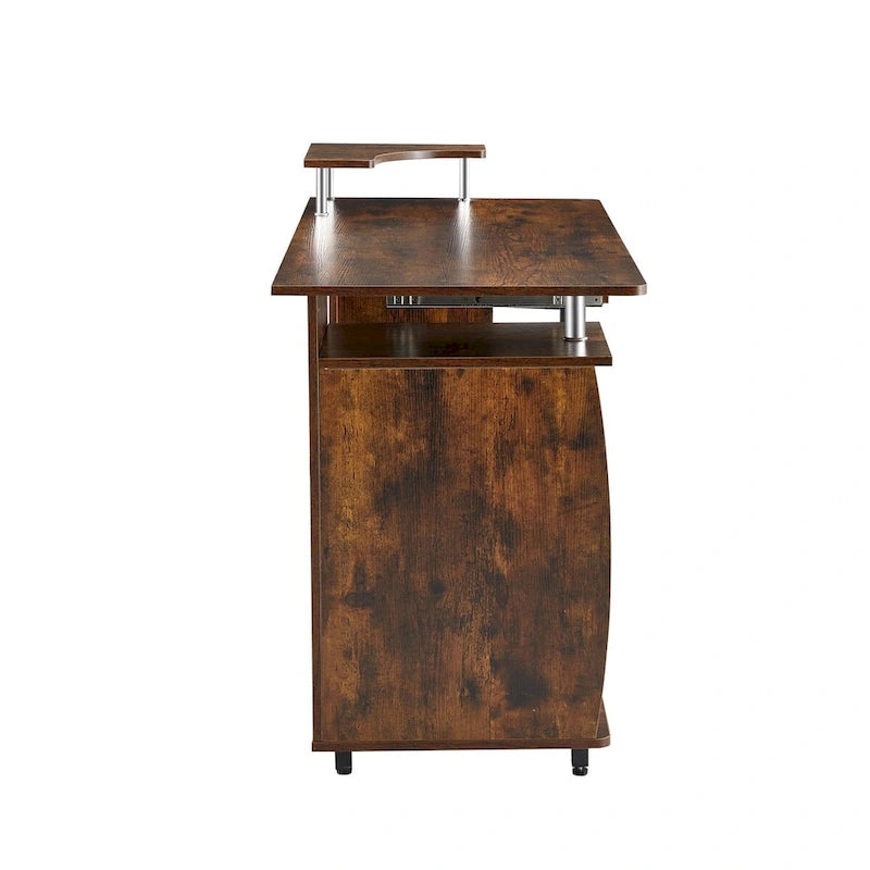 Bureau d'ordinateur en bois massif, table de bureau avec roulette pour PC, étagères de rangement et classeur, deux tiroirs, support pour unité centrale, une étagère.
