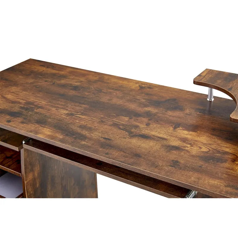 Bureau d'ordinateur en bois massif, table de bureau avec roulette pour PC, étagères de rangement et classeur, deux tiroirs, support pour unité centrale, une étagère.