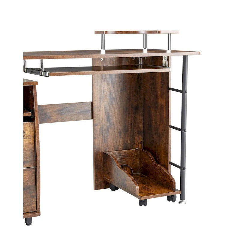 Bureau d'ordinateur en bois massif, table de bureau avec roulette pour PC, étagères de rangement et classeur, deux tiroirs, support pour unité centrale, une étagère.