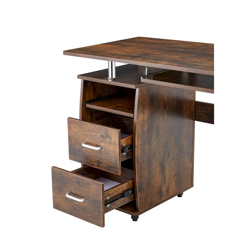Bureau d'ordinateur en bois massif, table de bureau avec roulette pour PC, étagères de rangement et classeur, deux tiroirs, support pour unité centrale, une étagère.