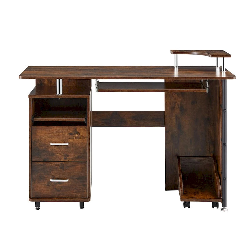 Bureau d'ordinateur en bois massif, table de bureau avec roulette pour PC, étagères de rangement et classeur, deux tiroirs, support pour unité centrale, une étagère.