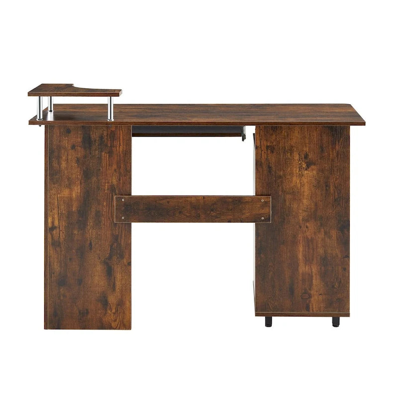 Bureau d'ordinateur en bois massif, table de bureau avec roulette pour PC, étagères de rangement et classeur, deux tiroirs, support pour unité centrale, une étagère.