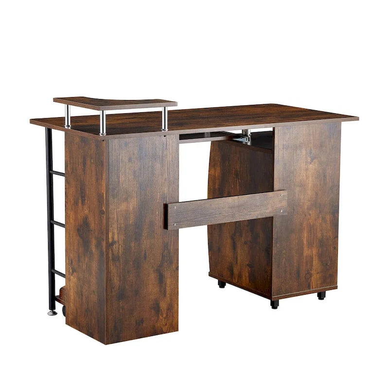 Bureau d'ordinateur en bois massif, table de bureau avec roulette pour PC, étagères de rangement et classeur, deux tiroirs, support pour unité centrale, une étagère.