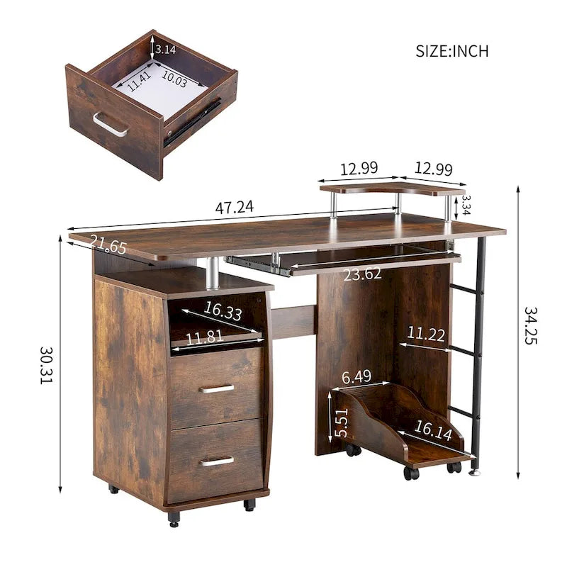 Bureau d'ordinateur en bois massif, table de bureau avec roulette pour PC, étagères de rangement et classeur, deux tiroirs, support pour unité centrale, une étagère.