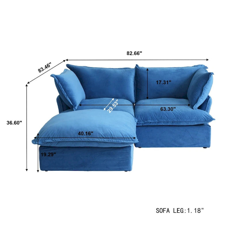 Canapés modulaires sectionnels, causeuse en velours de 82,66 po avec ottoman
