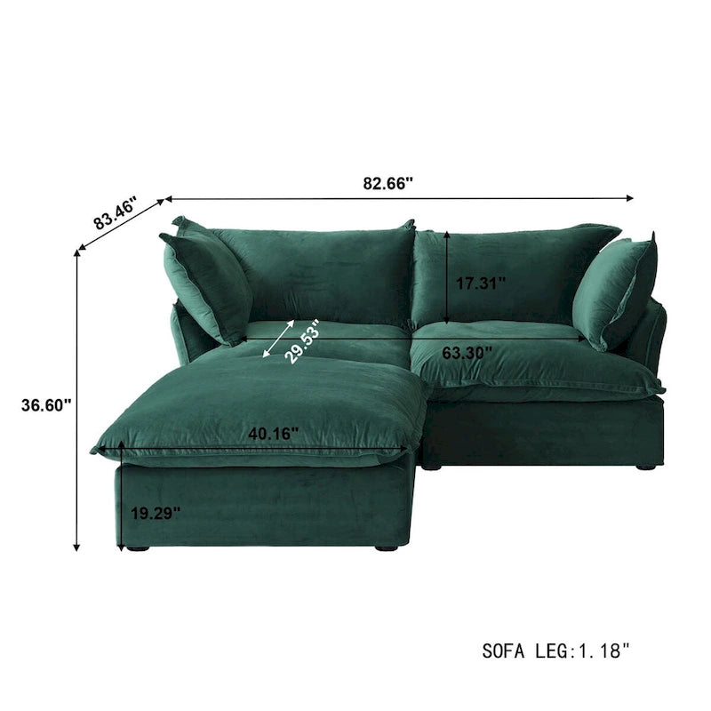 Canapés modulaires sectionnels, causeuse en velours de 82,66 po avec ottoman