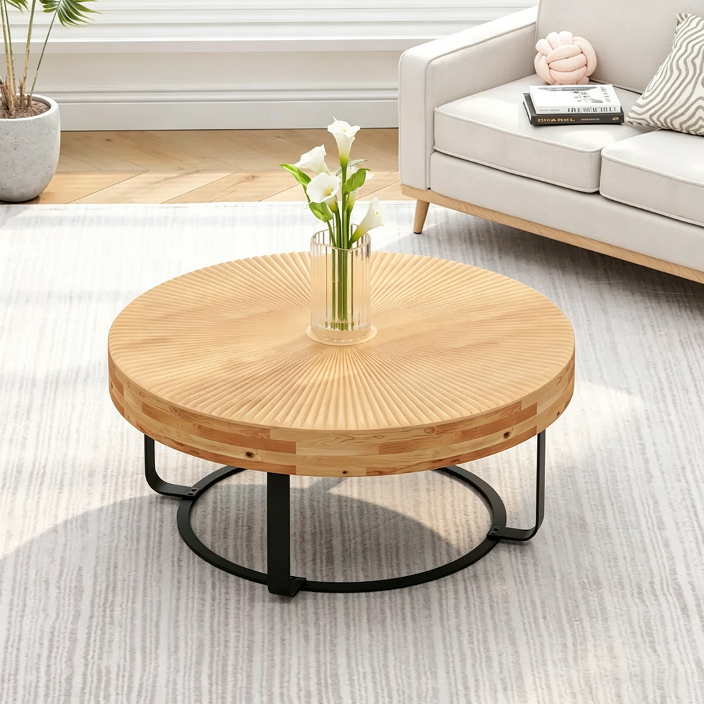 Table basse ronde moderne avec motif sculpté en bois et pieds en métal pour salon, salle de réception, bureau, Noir